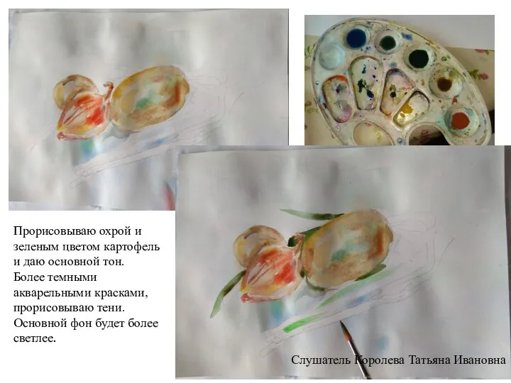 Прорисовываю охрой и зеленым цветом картофель и даю основной тон. Более темными