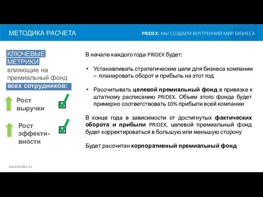 МЕТОДИКА РАСЧЕТА www.pridex.ru КЛЮЧЕВЫЕ МЕТРИКИ, влияющие на премиальный фонд всех сотрудников: Рост