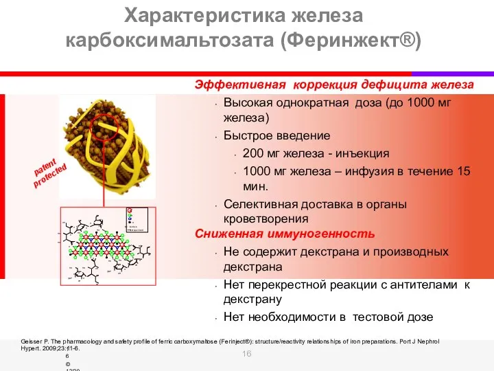 Характеристика железа карбоксимальтозата (Феринжект®) Эффективная коррекция дефицита железа Высокая однократная доза (до