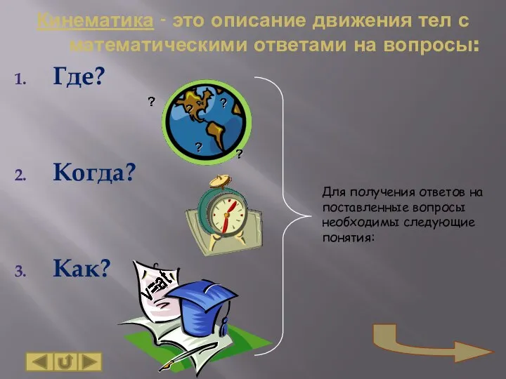 Кинематика - это описание движения тел с математическими ответами на вопросы: Где? Когда? Как?