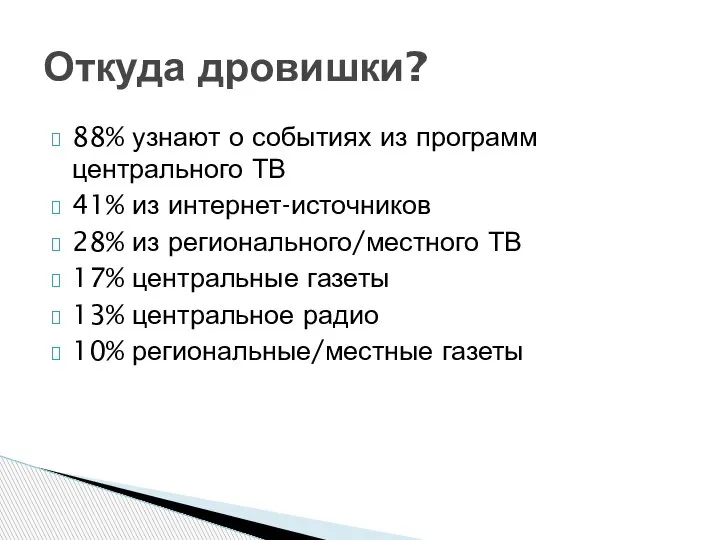 88% узнают о событиях из программ центрального ТВ 41% из интернет-источников 28%