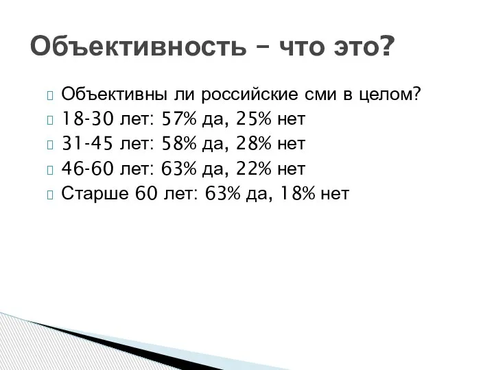 Объективны ли российские сми в целом? 18-30 лет: 57% да, 25% нет