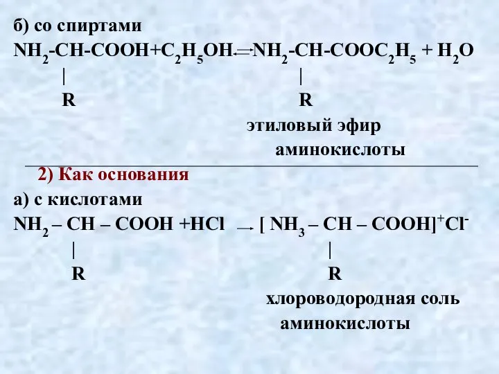 б) со спиртами NH2-CH-COOH+С2Н5ОН NH2-CH-COOС2Н5 + H2O | | R R этиловый