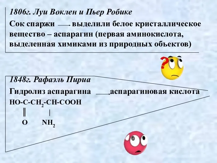 1806г. Луи Воклен и Пьер Робике Сок спаржи выделили белое кристаллическое вещество