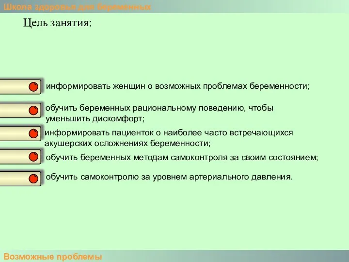 Школа здоровья для беременных Возможные проблемы Цель занятия: информировать женщин о возможных