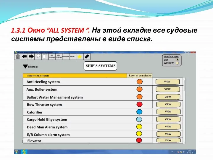 1.3.1 Окно “ALL SYSTEM ”. На этой вкладке все судовые системы представлены в виде списка.