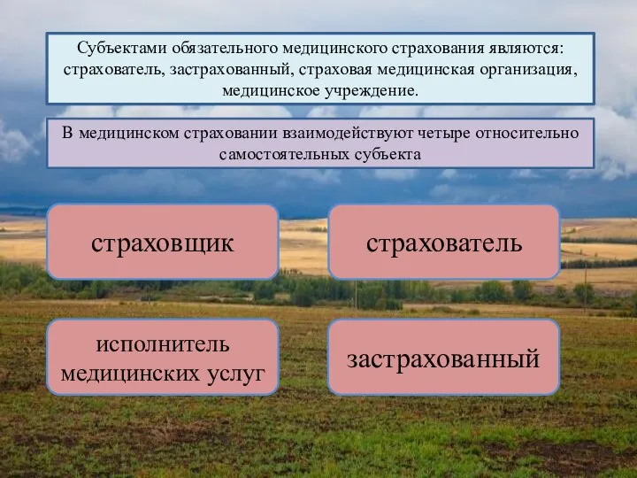 Субъектами обязательного медицинского страхования являются: страхователь, застрахованный, страховая медицинская организация, медицинское учреждение.