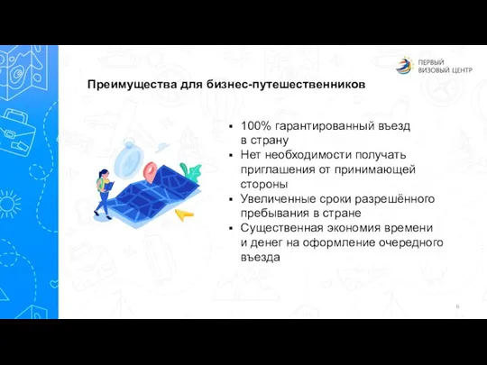 Преимущества для бизнес-путешественников 100% гарантированный въезд в страну Нет необходимости получать приглашения