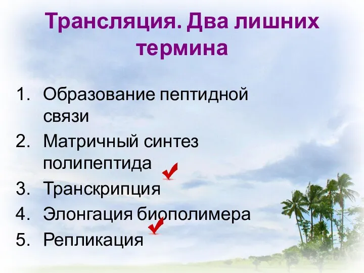 Трансляция. Два лишних термина Образование пептидной связи Матричный синтез полипептида Транскрипция Элонгация биополимера Репликация