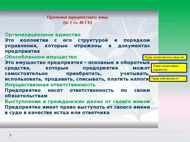 Право собственности Право хозяйственного ведения Право оперативного управления