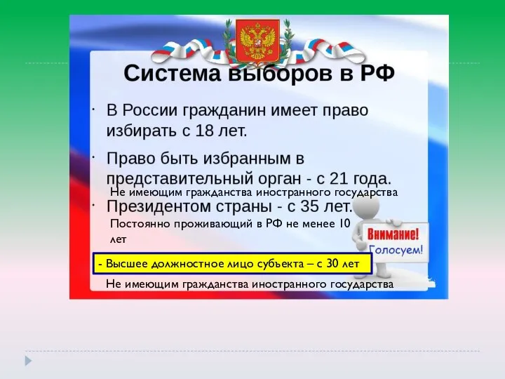 - Высшее должностное лицо субъекта – с 30 лет Постоянно проживающий в