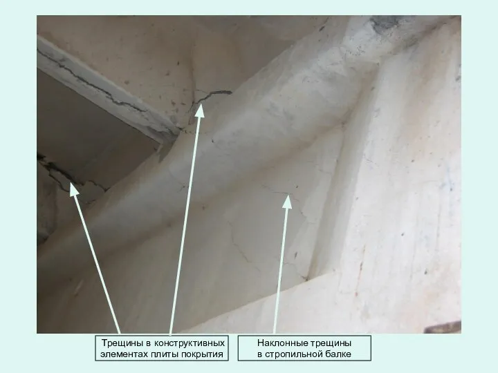 Трещины в конструктивных элементах плиты покрытия Наклонные трещины в стропильной балке