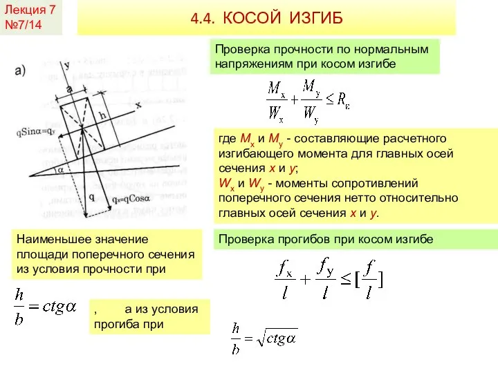 Лекция 7 №7/14 4.4. КОСОЙ ИЗГИБ Проверка прочности по нормальным напряжениям при