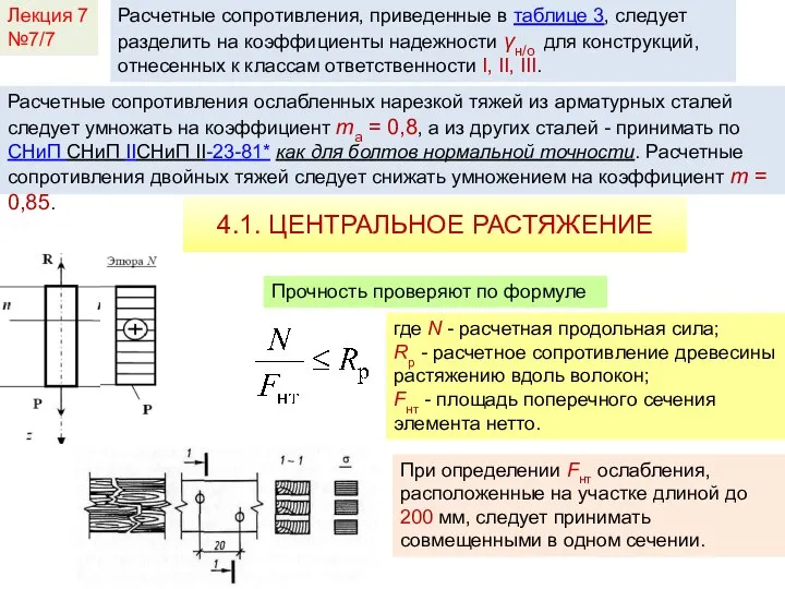 Лекция 7 №7/7 Расчетные сопротивления ослабленных нарезкой тяжей из арматурных сталей следует