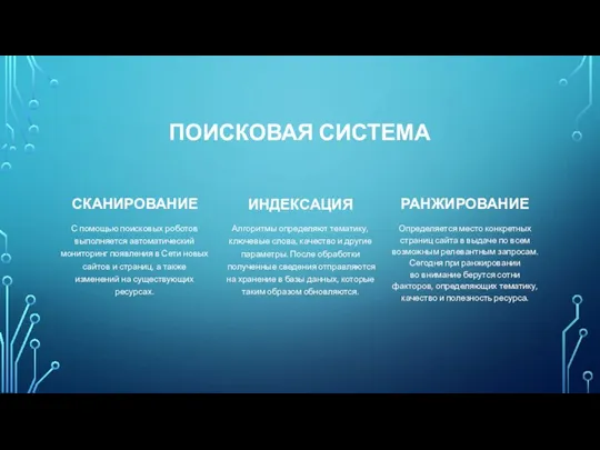 ПОИСКОВАЯ СИСТЕМА СКАНИРОВАНИЕ С помощью поисковых роботов выполняется автоматический мониторинг появления в