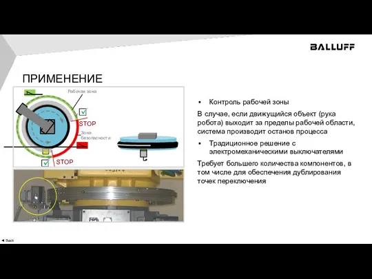 ПРИМЕНЕНИЕ Контроль рабочей зоны В случае, если движущийся объект (рука робота) выходит