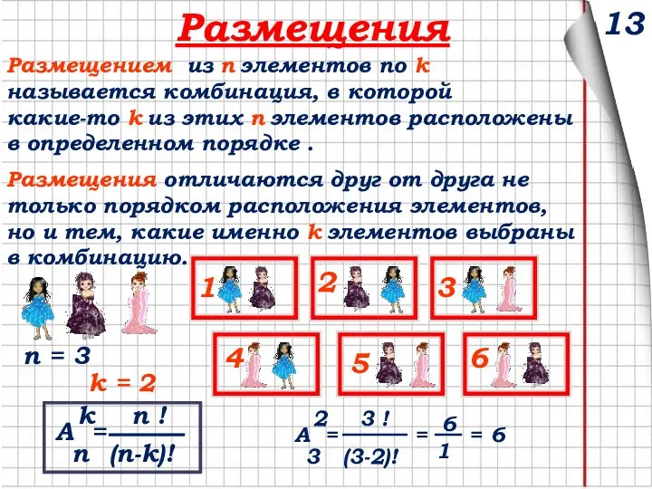 13 Размещения Размещением из n элементов по k называется комбинация, в которой