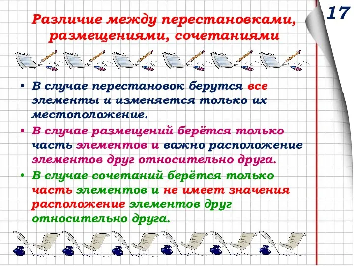 17 Различие между перестановками, размещениями, сочетаниями В случае перестановок берутся все элементы