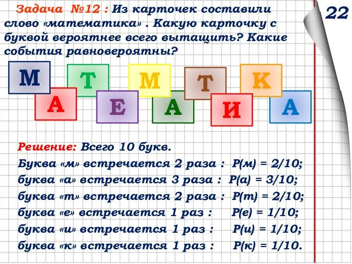 22 Задача №12 : Из карточек составили слово «математика» . Какую карточку