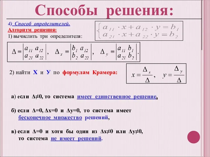 4) Способ определителей. Алгоритм решения: 1) вычислить три определителя: 2) найти Х