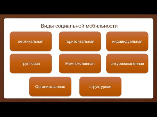 Виды социальной мобильности вертикальная горизонтальная индивидуальная групповая Межпоколенная внтурипоколенная Организованная структурная