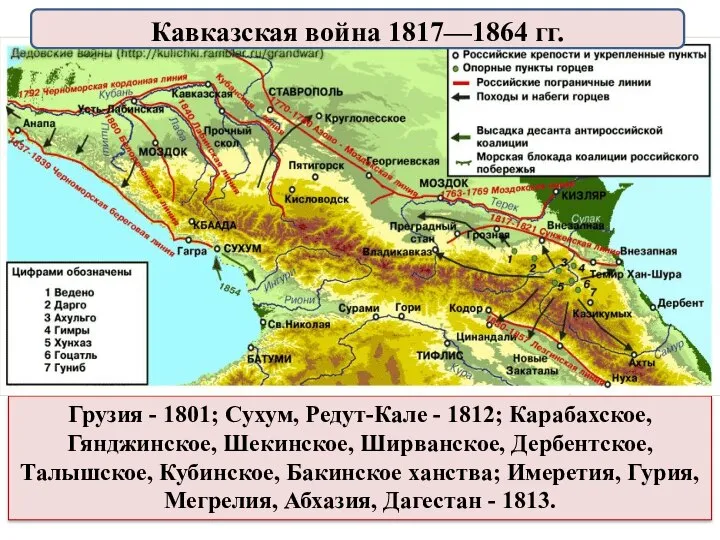 Грузия - 1801; Сухум, Редут-Кале - 1812; Карабахское, Гянджинское, Шекинское, Ширванское, Дербентское,