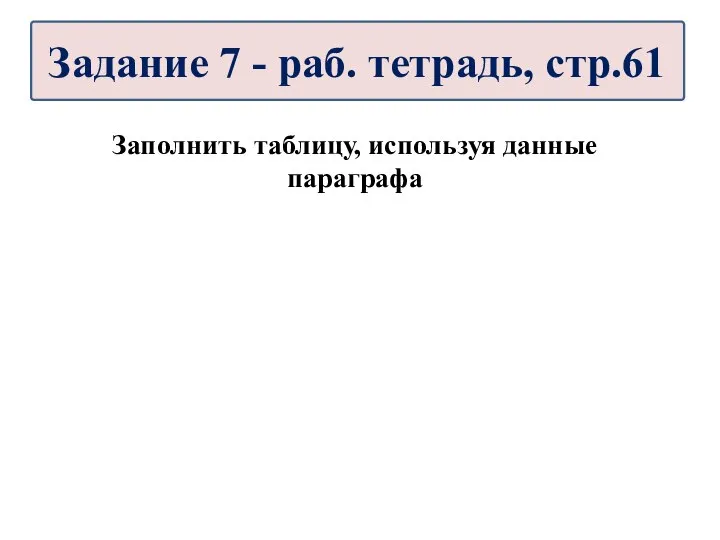 Заполнить таблицу, используя данные параграфа Задание 7 - раб. тетрадь, стр.61