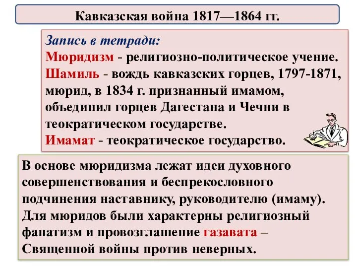 Запись в тетради: Мюридизм - религиозно-политическое учение. Шамиль - вождь кавказских горцев,