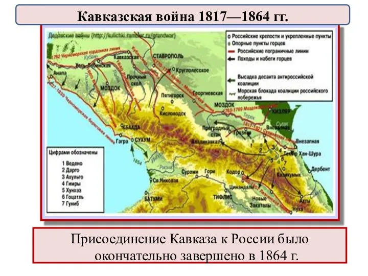 Присоединение Кавказа к России было окончательно завершено в 1864 г. Кавказская война 1817—1864 гг.