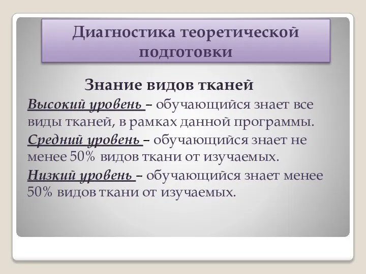 Диагностика теоретической подготовки Знание видов тканей Высокий уровень – обучающийся знает все