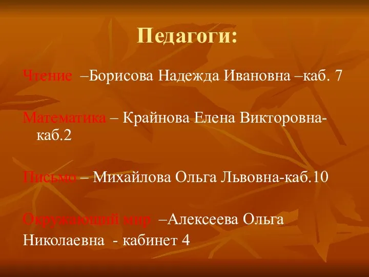 Чтение –Борисова Надежда Ивановна –каб. 7 Математика – Крайнова Елена Викторовна-каб.2 Письмо