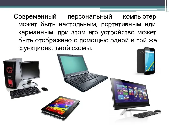 Современный персональный компьютер может быть настольным, портативным или карманным, при этом его