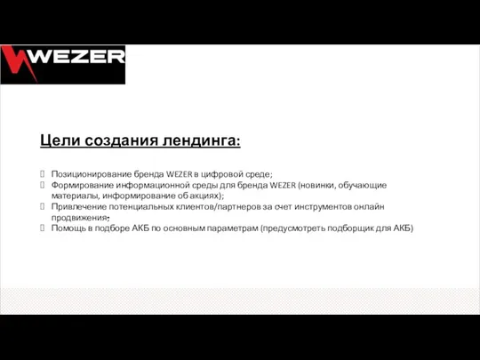 Цели создания лендинга: Позиционирование бренда WEZER в цифровой среде; Формирование информационной среды