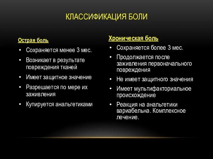 Хроническая боль Сохраняется более 3 мес. Продолжается после заживления первоначального повреждения Не