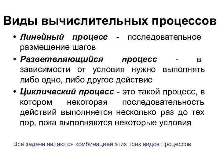 Виды вычислительных процессов Линейный процесс - последовательное размещение шагов Разветвляющийся процесс -