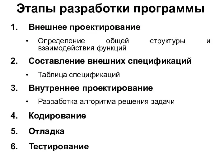 Этапы разработки программы Внешнее проектирование Определение общей структуры и взаимодействия функций Составление