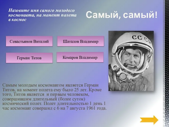 Самым молодым космонавтом является Герман Титов, на момент полета ему было 25