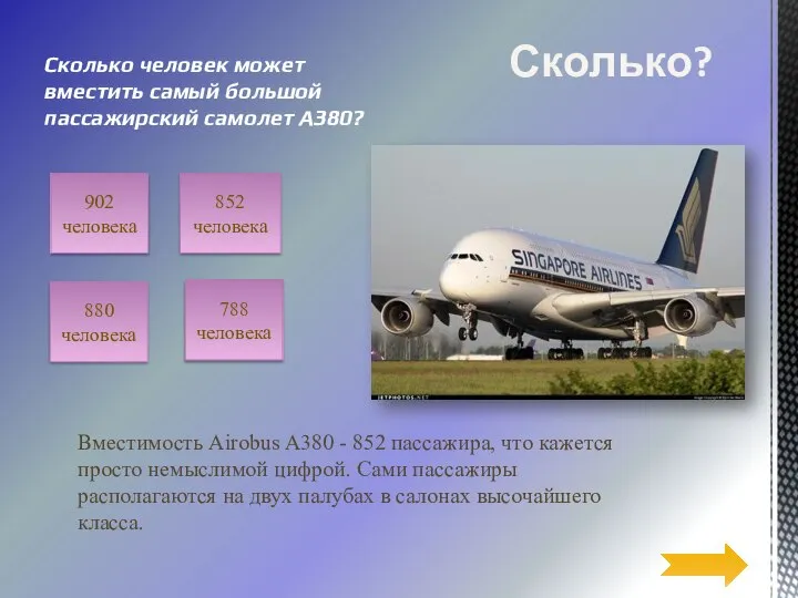 Вместимость Airobus A380 - 852 пассажира, что кажется просто немыслимой цифрой. Сами