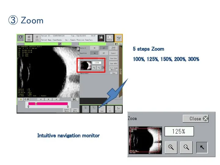 5 steps Zoom 100%, 125%, 150%, 200%, 300% Intuitive navigation monitor ③ Zoom