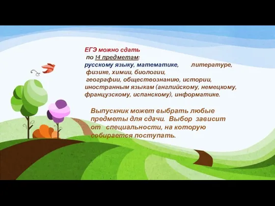 ЕГЭ можно сдать по 14 предметам: русскому языку, математике, литературе, физике, химии,