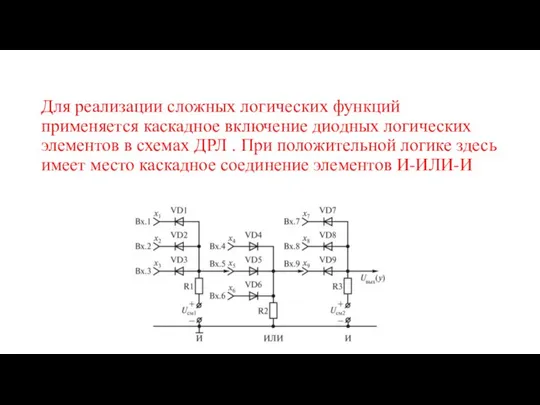 Для реализации сложных логических функций применяется каскадное включение диодных логических элементов в