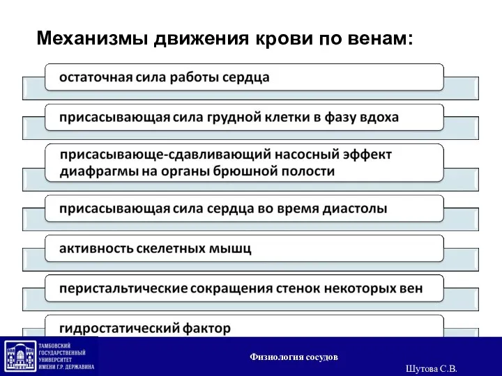 Механизмы движения крови по венам: Физиология сосудов Шутова С.В.