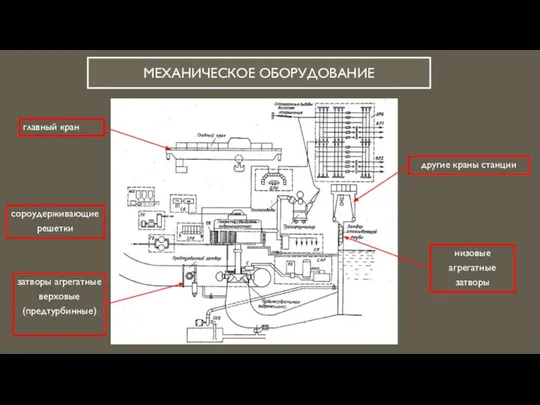 МЕХАНИЧЕСКОЕ ОБОРУДОВАНИЕ главный кран другие краны станции сороудерживающие решетки затворы агрегатные верховые (предтурбинные) низовые агрегатные затворы