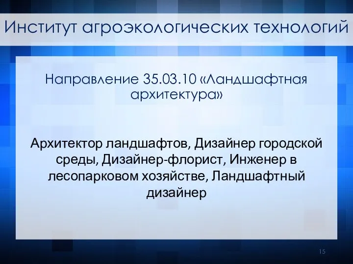 Направление 35.03.10 «Ландшафтная архитектура» Архитектор ландшафтов, Дизайнер городской среды, Дизайнер-флорист, Инженер в