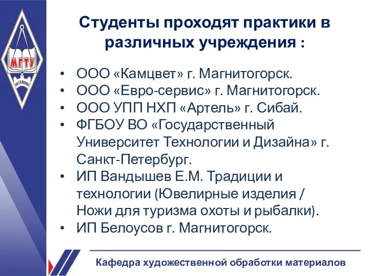 ООО «Камцвет» г. Магнитогорск. ООО «Евро-сервис» г. Магнитогорск. ООО УПП НХП «Артель»