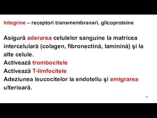 Integrine – receptori transmembranari, glicoproteine Asigură aderarea celulelor sanguine la matricea intercelulară