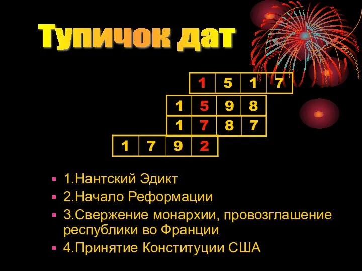 Тупичок дат 1.Нантский Эдикт 2.Начало Реформации 3.Свержение монархии, провозглашение республики во Франции 4.Принятие Конституции США