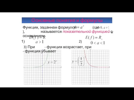 Основные понятия и формулы Функция, заданная формулой (где ), называется показательной функцией