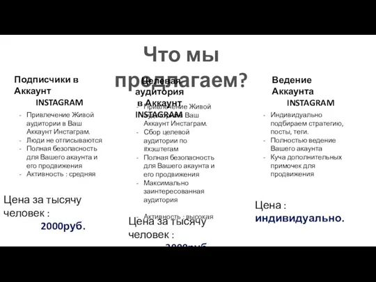 Что мы предлагаем? Подписчики в Аккаунт INSTAGRAM Целевая аудитория в Аккаунт INSTAGRAM