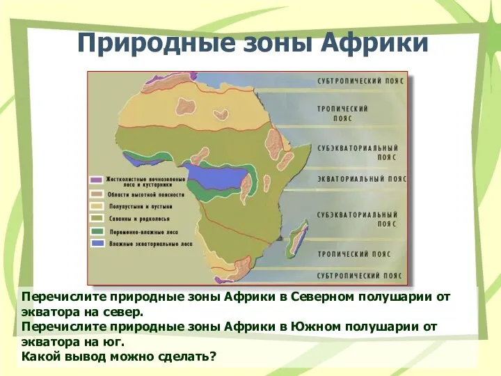 Природные зоны Африки Перечислите природные зоны Африки в Северном полушарии от экватора